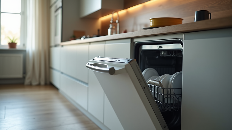 Close-up view of a dishwasher door open in a modern kitchen