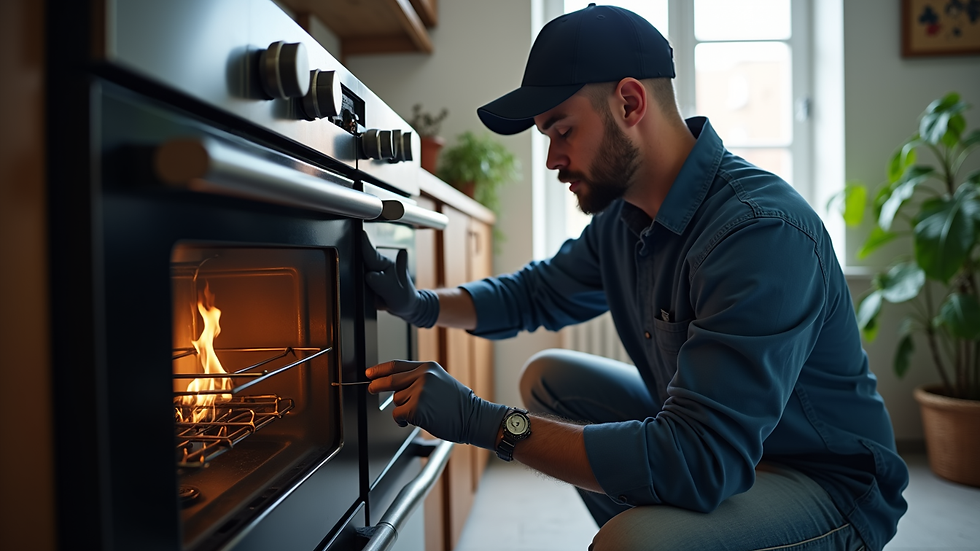 Close-up view of a technician repairing a Defy stove in a kitchen