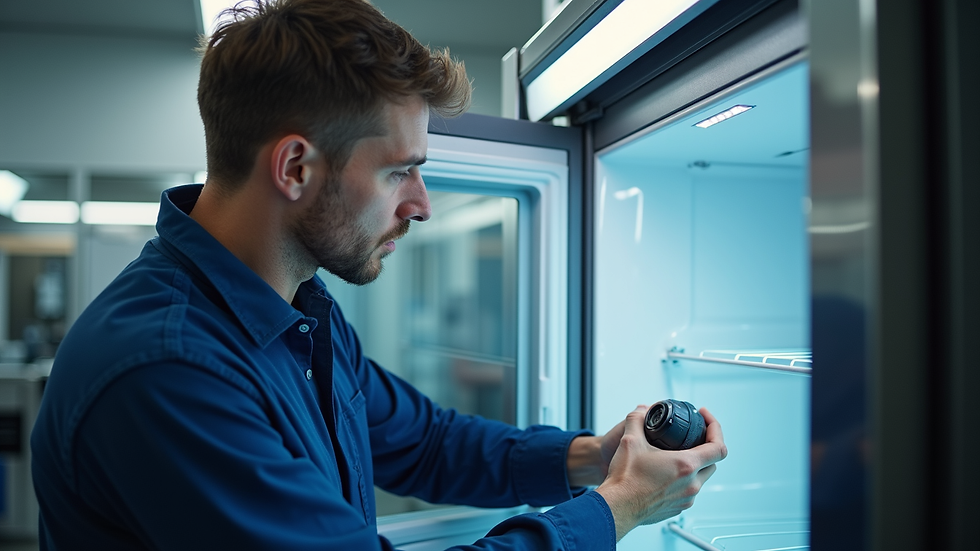 Eye-level view of a technician repairing an Electrolux refrigerator