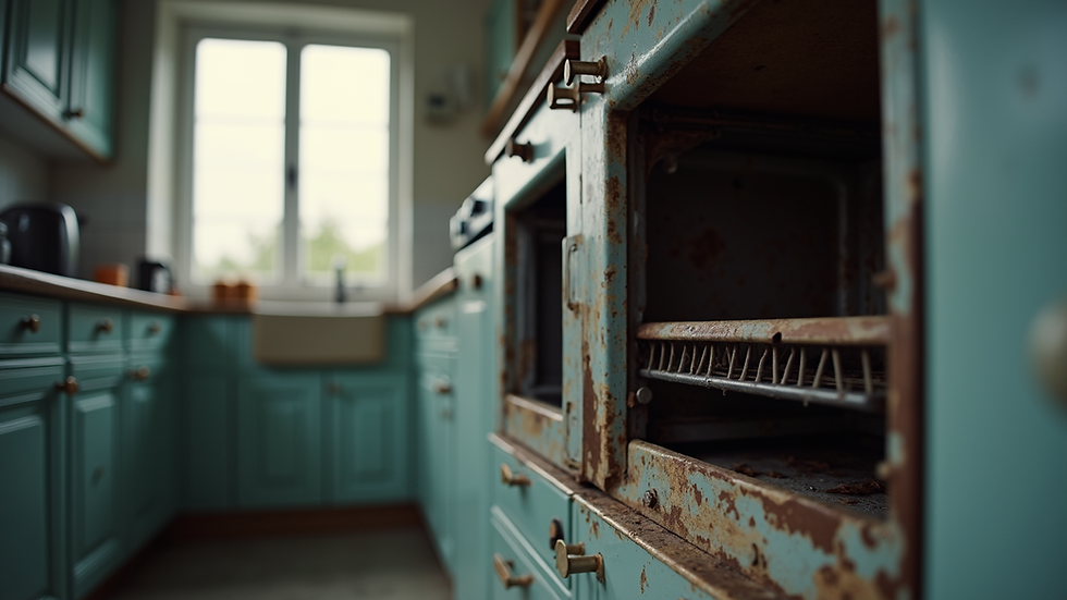 Eye-level view of a kitchen with a broken oven ready for repair