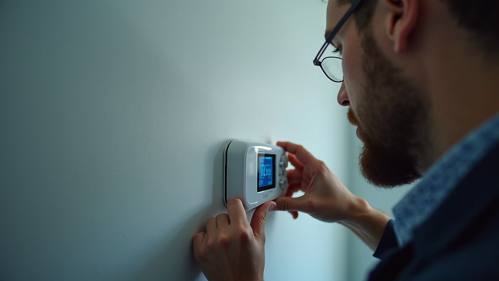 Eye-level view of a technician repairing a wall-mounted thermostat
