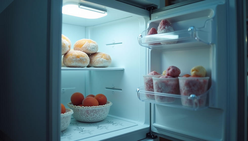 Close-up view of a freezer door open showing frozen food inside