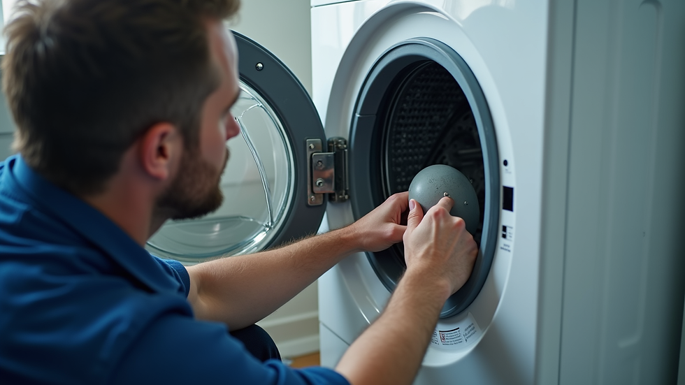 Close-up view of a technician replacing a washing machine part