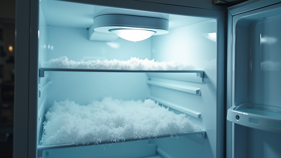 High angle view of a fridge freezer with frost build-up inside