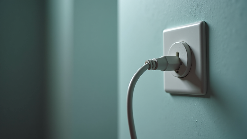 Close-up view of a fridge power cord plugged into a wall socket