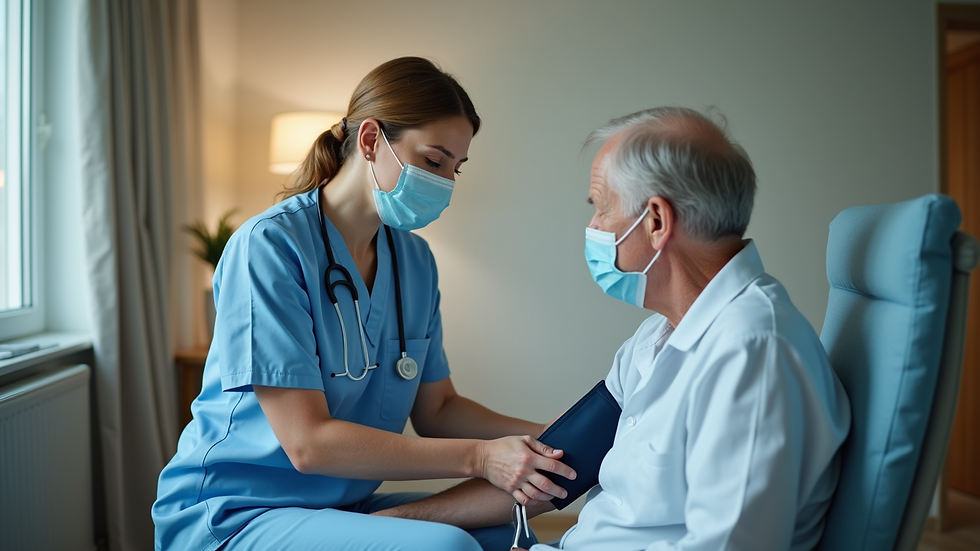 Eye-level view of a nurse checking a patient's vital signs at home