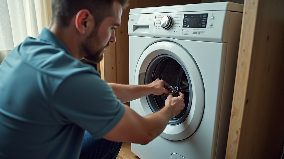 High angle view of a technician replacing a washing machine motor in a South African home