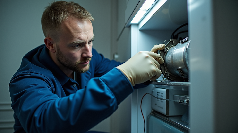 Eye-level view of a technician repairing a fridge compressor