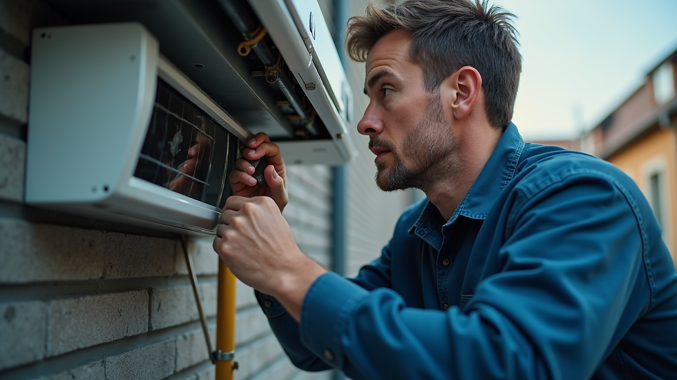 Eye-level view of an HVAC technician inspecting an air conditioning unit