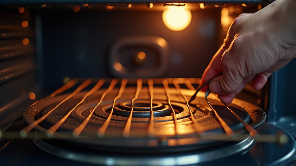Close-up view of oven heating element being inspected