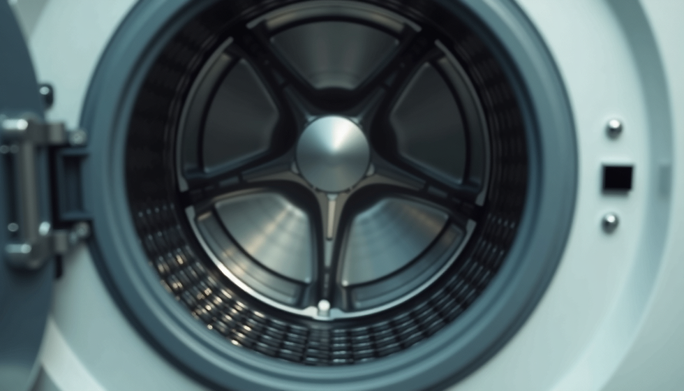 Eye-level view of a washing machine drum being cleaned