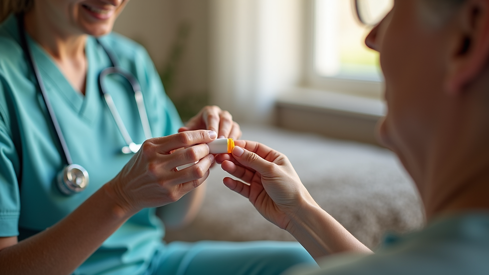 Eye-level view of a caregiver assisting an elderly person with medication at home