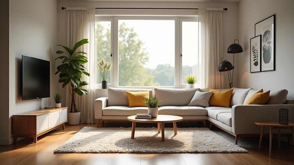 Eye-level view of a quiet home living room prepared for patient comfort