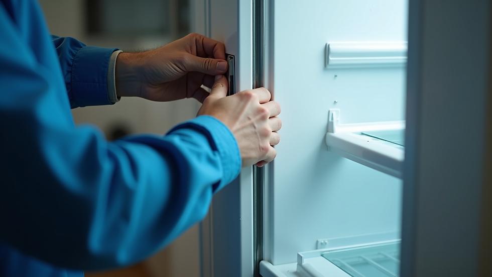 Eye-level view of a technician repairing a fridge door seal