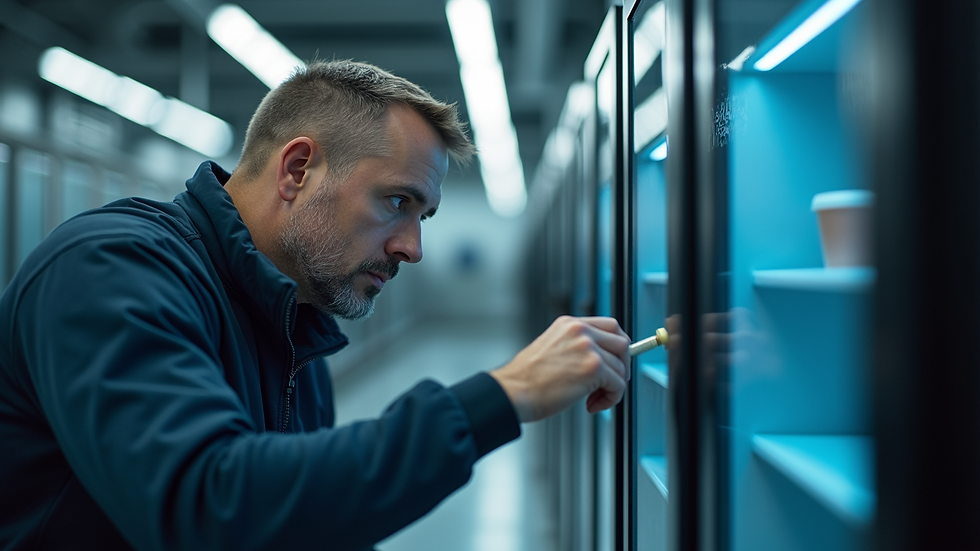 Close-up view of a technician inspecting a Defy fridge compressor