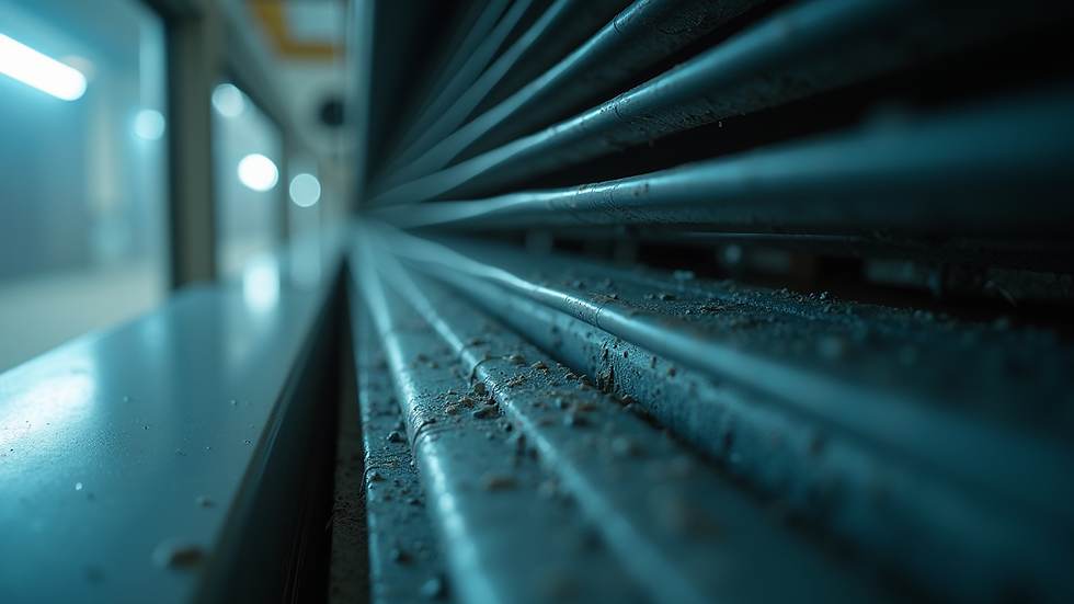 Eye-level view of evaporator coils inside an air conditioning unit