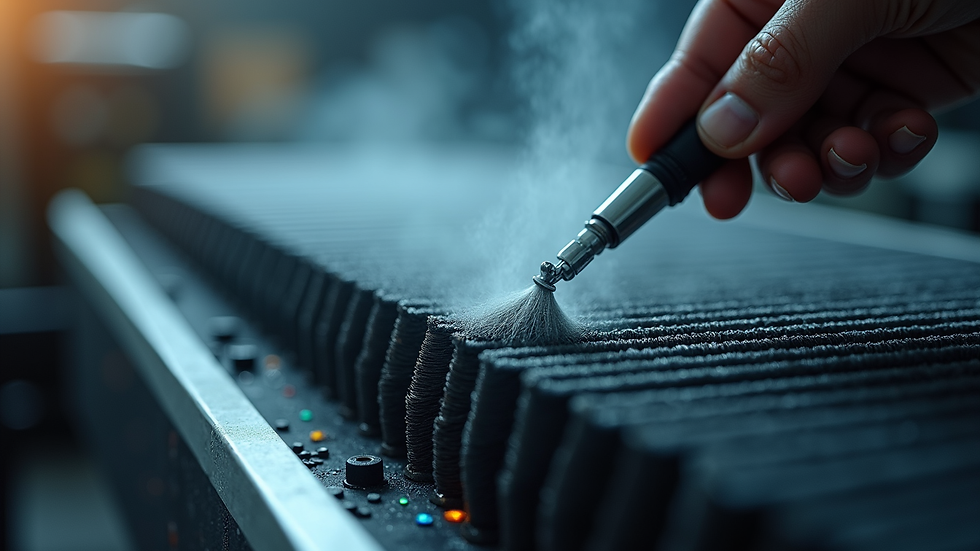 Close-up view of condenser coils being cleaned