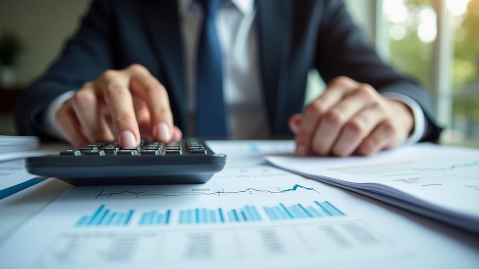 Close-up view of a person calculating VAT returns with a calculator and documents