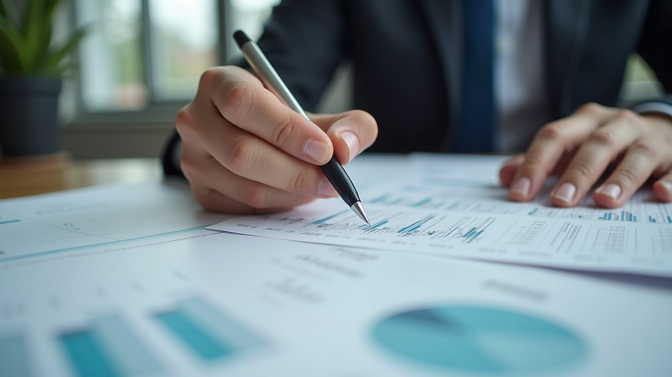 Close-up view of a person organizing financial documents on a desk