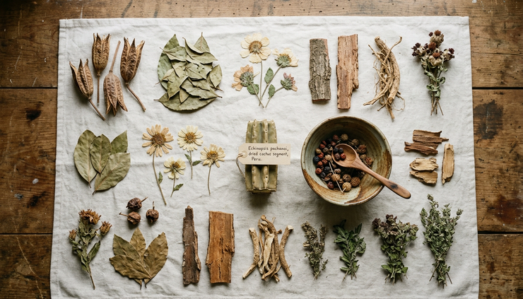 Overhead view of dried botanical materials and a labeled Wachuma sample on natural cloth.