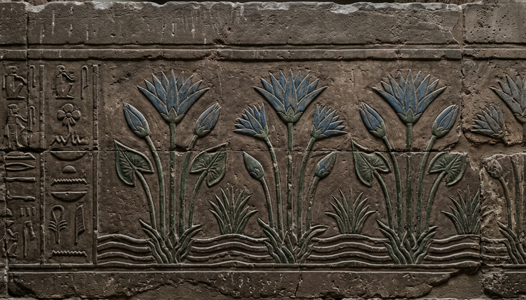 Eye-level view of an ancient Egyptian wall relief inspired scene showing carved water lily motifs.
