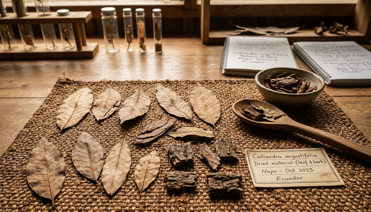 Eye-level view of dried leaves and bark pieces arranged on a woven natural fiber mat.