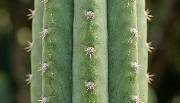Primer plano de las costillas y areolas de Echinopsis pachanoi.