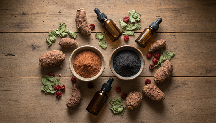 Schuin bovenaanzicht van Rode Maca en Zwarte Maca poeder met gedroogde wortels en kruidenextracten