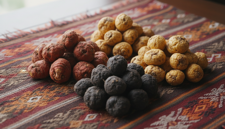 Close-up of red, black and yellow maca roots on woven Andean cloth