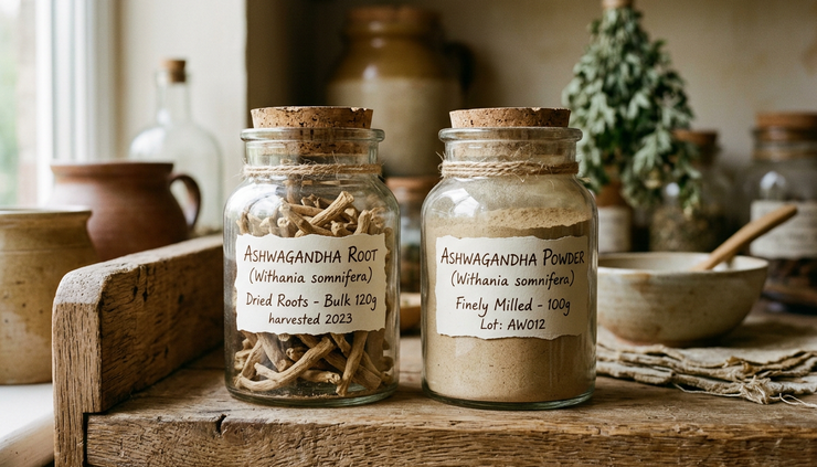 Close-up view of labeled glass jars containing ayurvedic roots and powders.