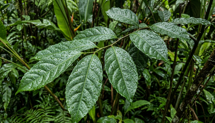 Eye-level view of fresh guayusa leaves with droplets in a tropical garden.