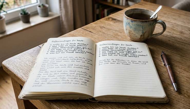 Close-up view of a journal with handwritten reflection questions beside a cup of tea