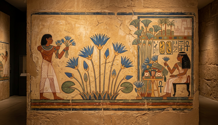 Ögonhöjdsvy av egyptisk väggkonst med blå lotusmotiv