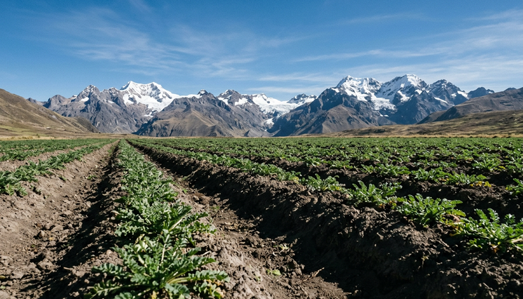 Vista a nivel del suelo de un campo altoandino de maca con montañas al fondo
