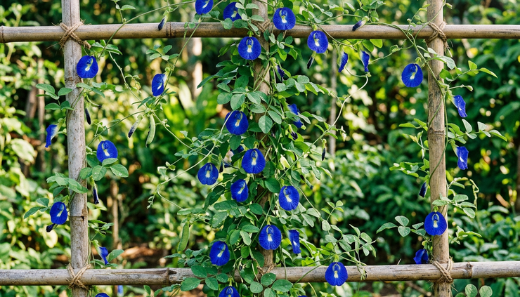 Weitwinkelansicht von einer tropischen Schmetterlingserbse mit blauen Blüten an einem Rankgitter.