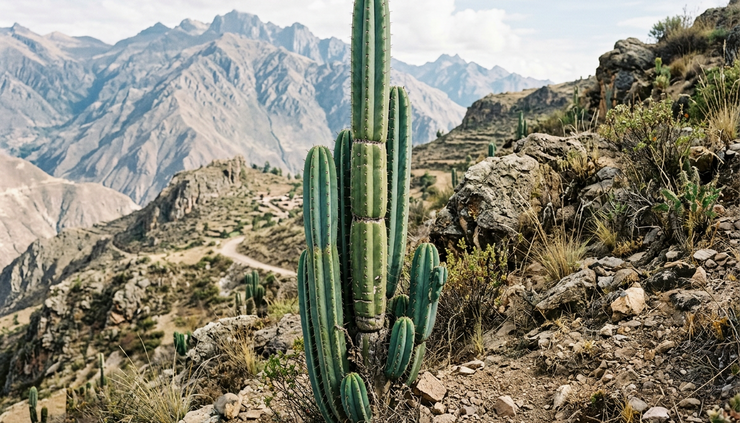Wide-angle view of tall columnar cactus growing on a dry Andean hillside.