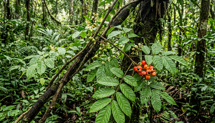Vista general de una planta de guaraná en un entorno amazónico húmedo