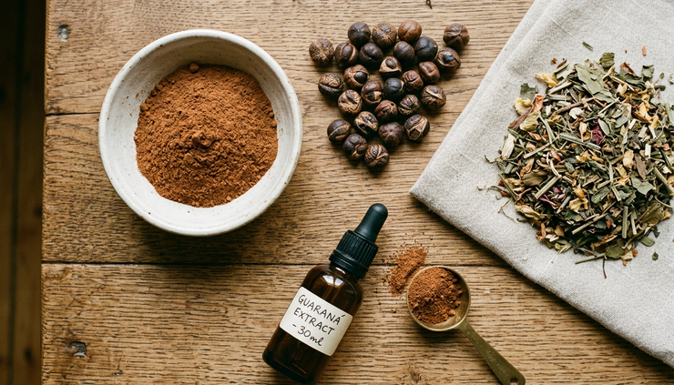 Top-down view of guarana powder, dried seeds, herbal tea and tincture bottle