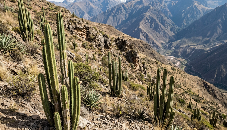 Wide-angle view of Wachuma cacti growing on a dry Andean slope.