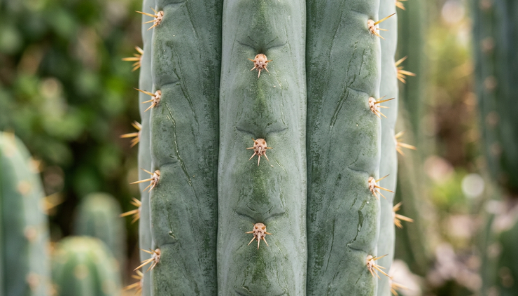 Close-up view of the ribs and areoles of an Echinopsis pachanoi cactus stem.