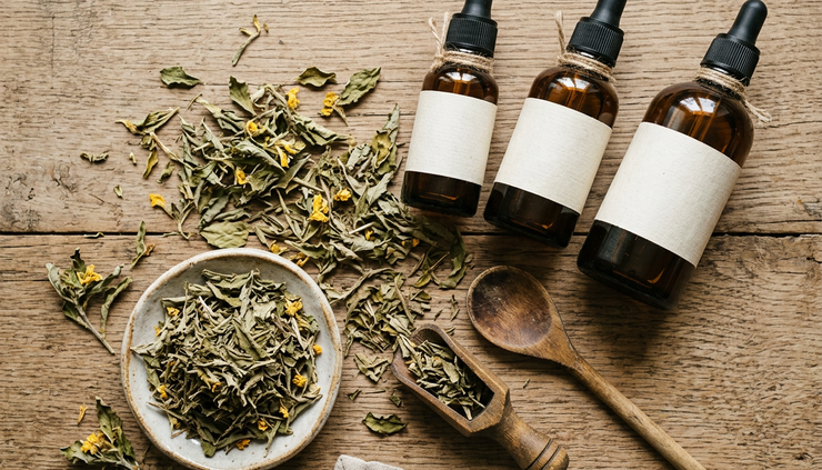 Top-down view of labeled amber tincture bottles and dried herbs on a wooden surface.