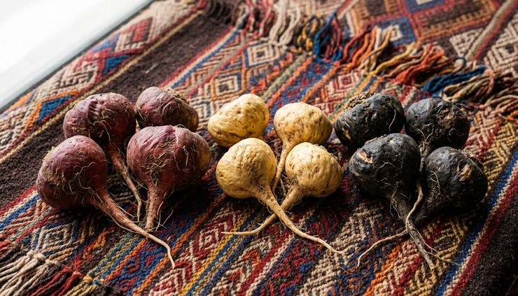 Close-up of red, yellow, and black maca roots on a woven cloth.