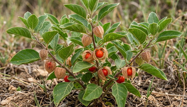 Primer plano de una planta de Withania somnifera con hojas verdes y frutos rojizos
