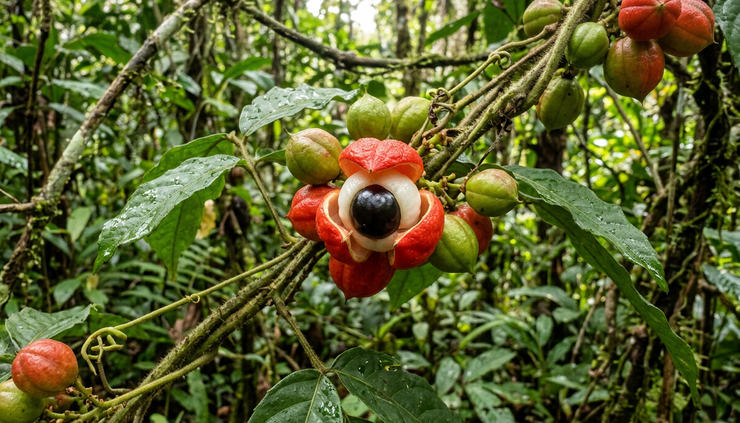 Close-up of ripe guarana fruit opening around a dark seed
