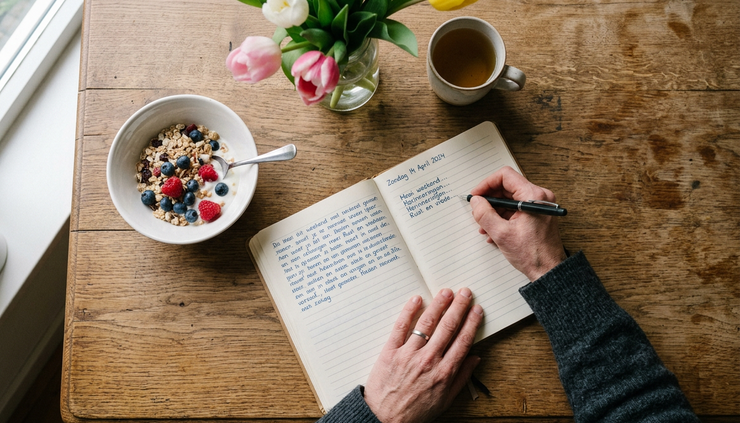 Vista cenital de una persona escribiendo en un cuaderno sobre una mesa de madera
