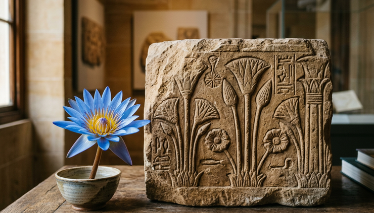 Close-up of a blue water lily beside an ancient Egyptian style stone relief