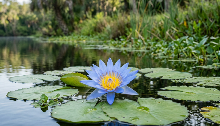 Vue rapprochée d’une fleur bleue de Nymphaea caerulea flottant sur une eau calme.