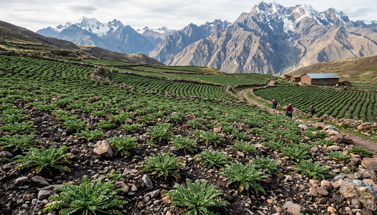 Wide-angle view of maca plants growing in a high Andean field.