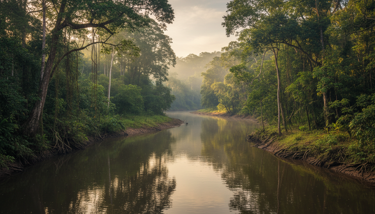 Wide-angle view of een rustige rivierbocht in het Braziliaanse Amazonegebied met dicht groen bos