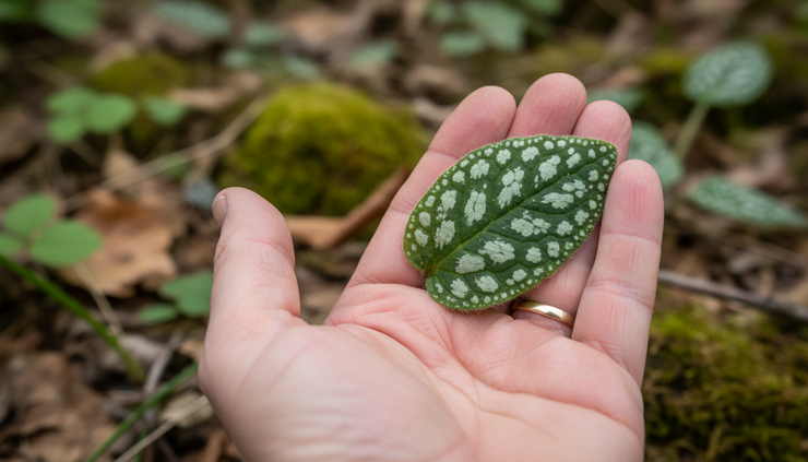 Close-up van een hand die een gevlekt blad van longkruid voorzichtig vasthoudt